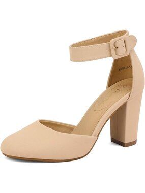 DREAM PAIRS Women's Nude High Heel Closed Toe Dress Shoes Chunky Wedding Pumps
